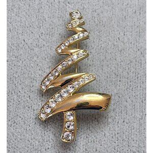 Monet Signed Shiny Gold-tone Rhinestone Modern Christmas Tree Brooch Pre-owned
